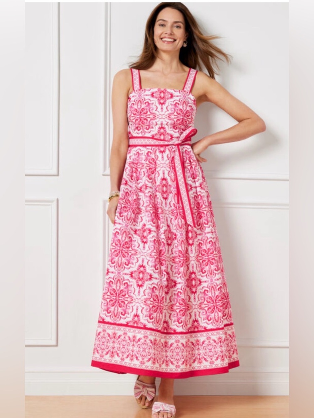 Talbots Halter Maxi Dress Medallion Tiles Red White 16